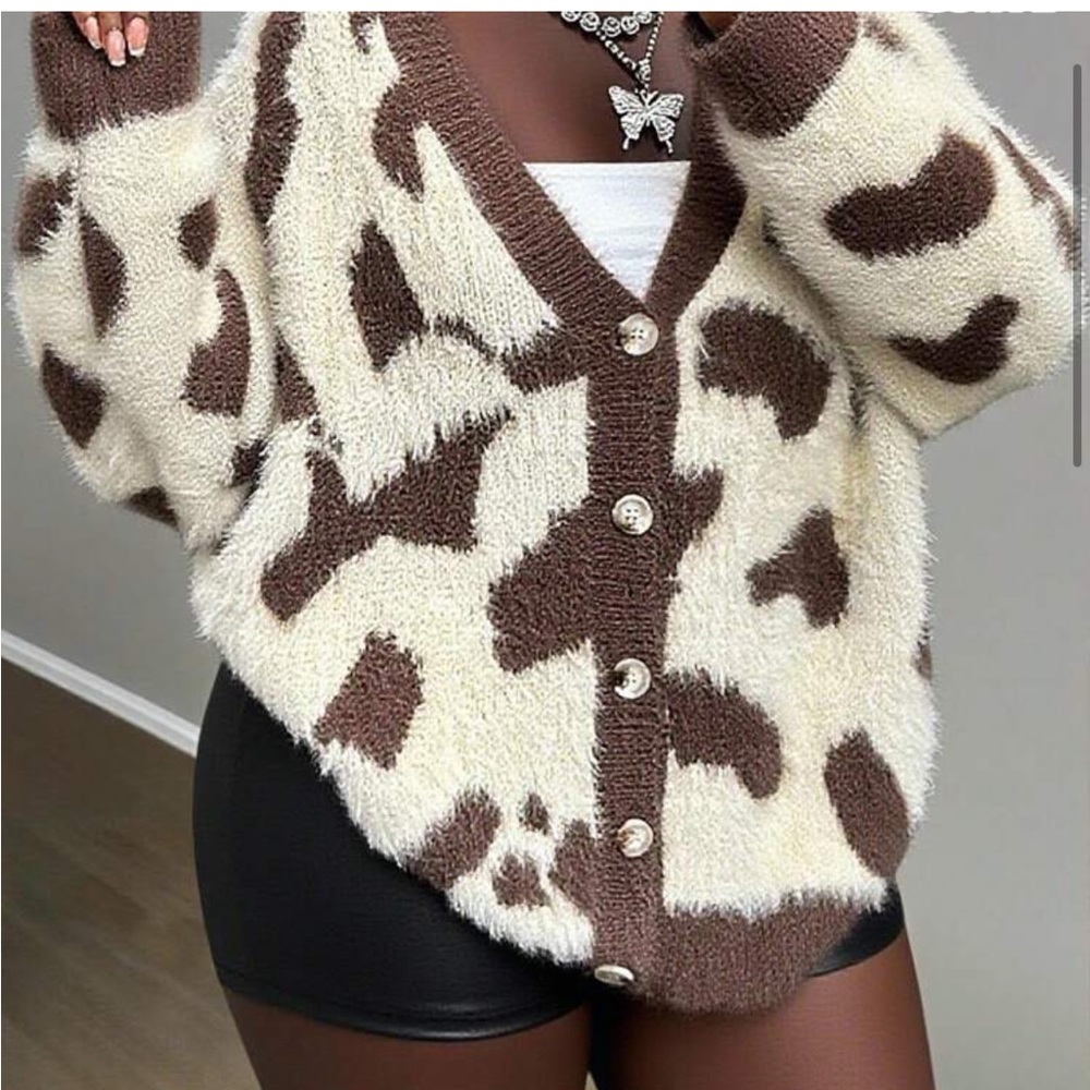 Brown and Cream COW print Button-Up Cardigan